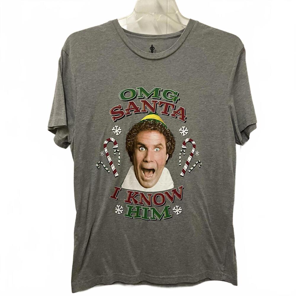 ELF Men's Size XL OMG Santa I Know Him Christmas Gray T-Shirt Top Short Sleeve